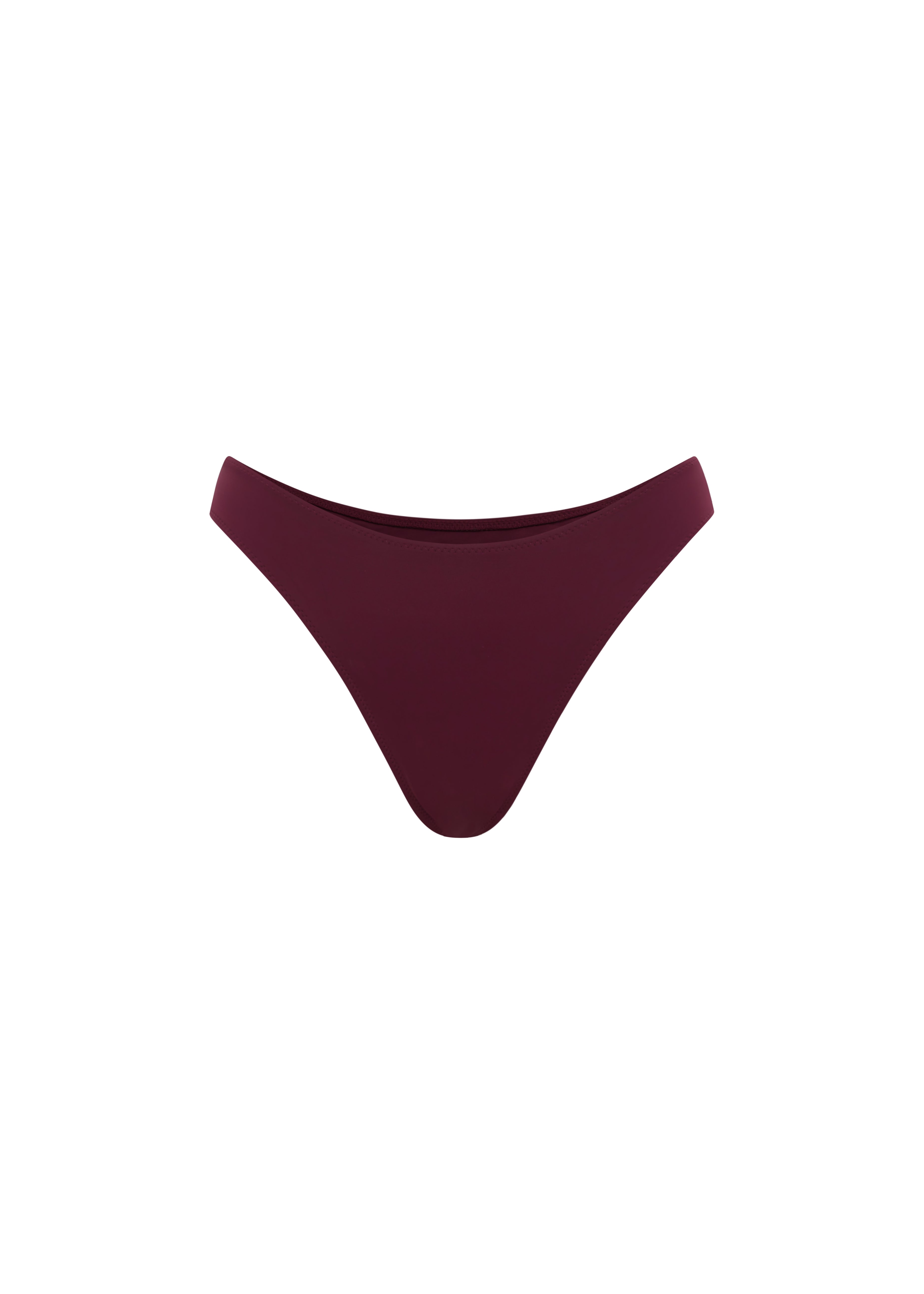 High rise bikini bottoms in a deep burgundy colour, presented on a solid white background.