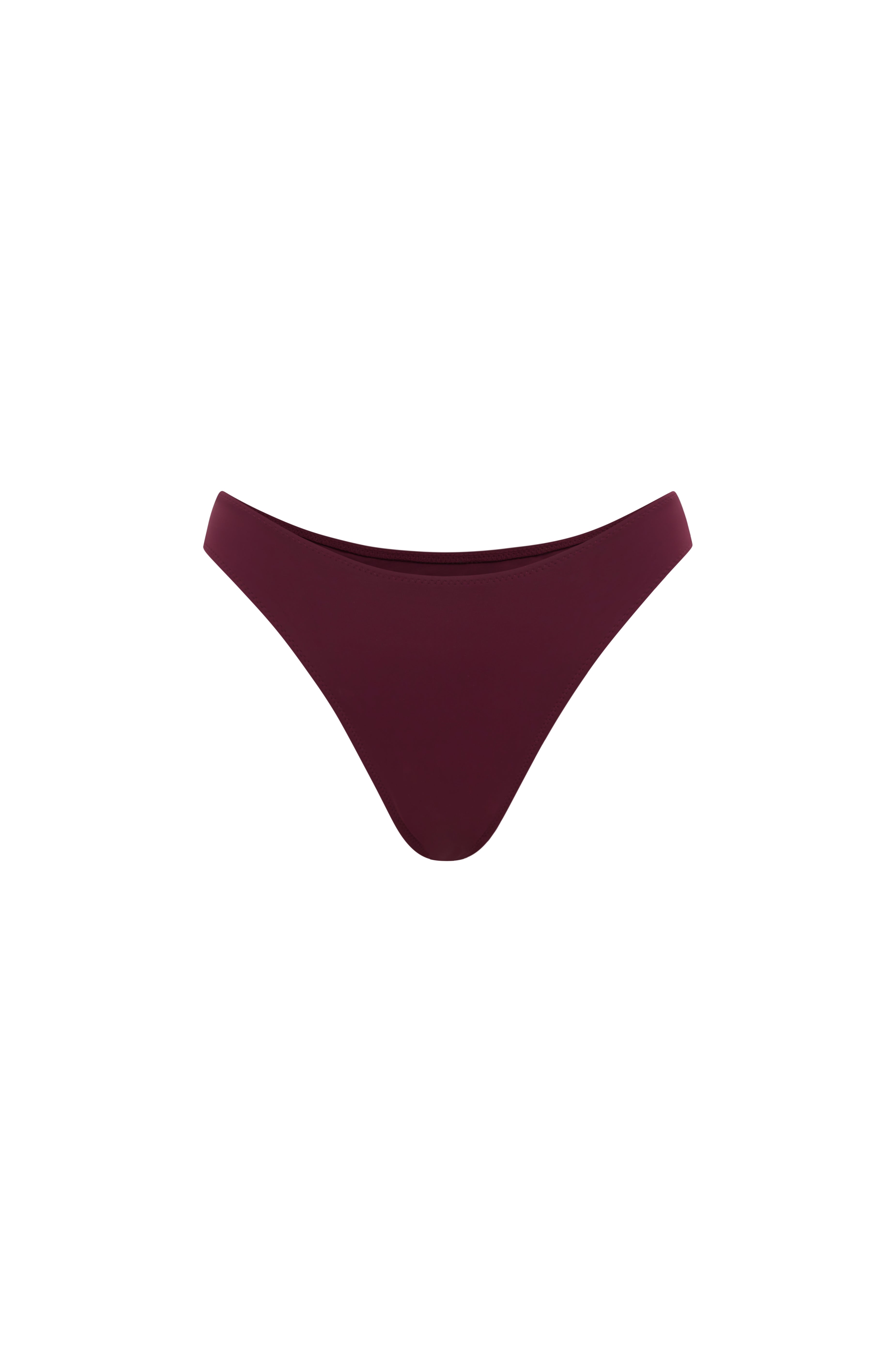 High rise bikini bottoms in a deep burgundy colour, presented on a solid white background.