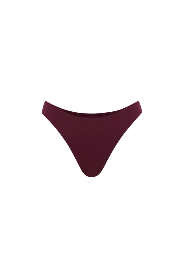 High rise bikini bottoms in a deep burgundy colour, presented on a solid white background.