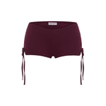 Micro burgundy shorts with side tie details, shown against a plain white background.