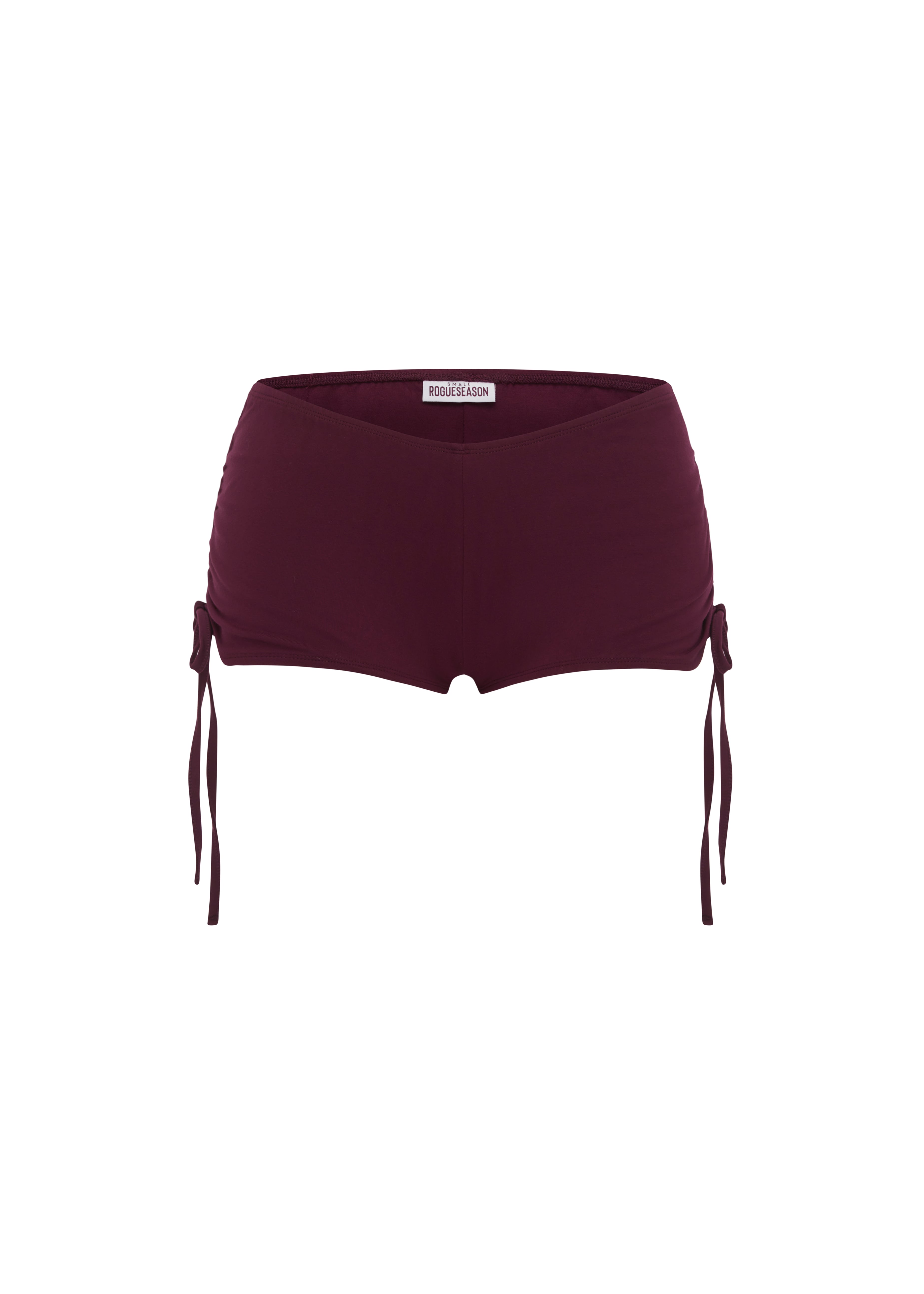 Micro burgundy shorts with side tie details, shown against a plain white background.