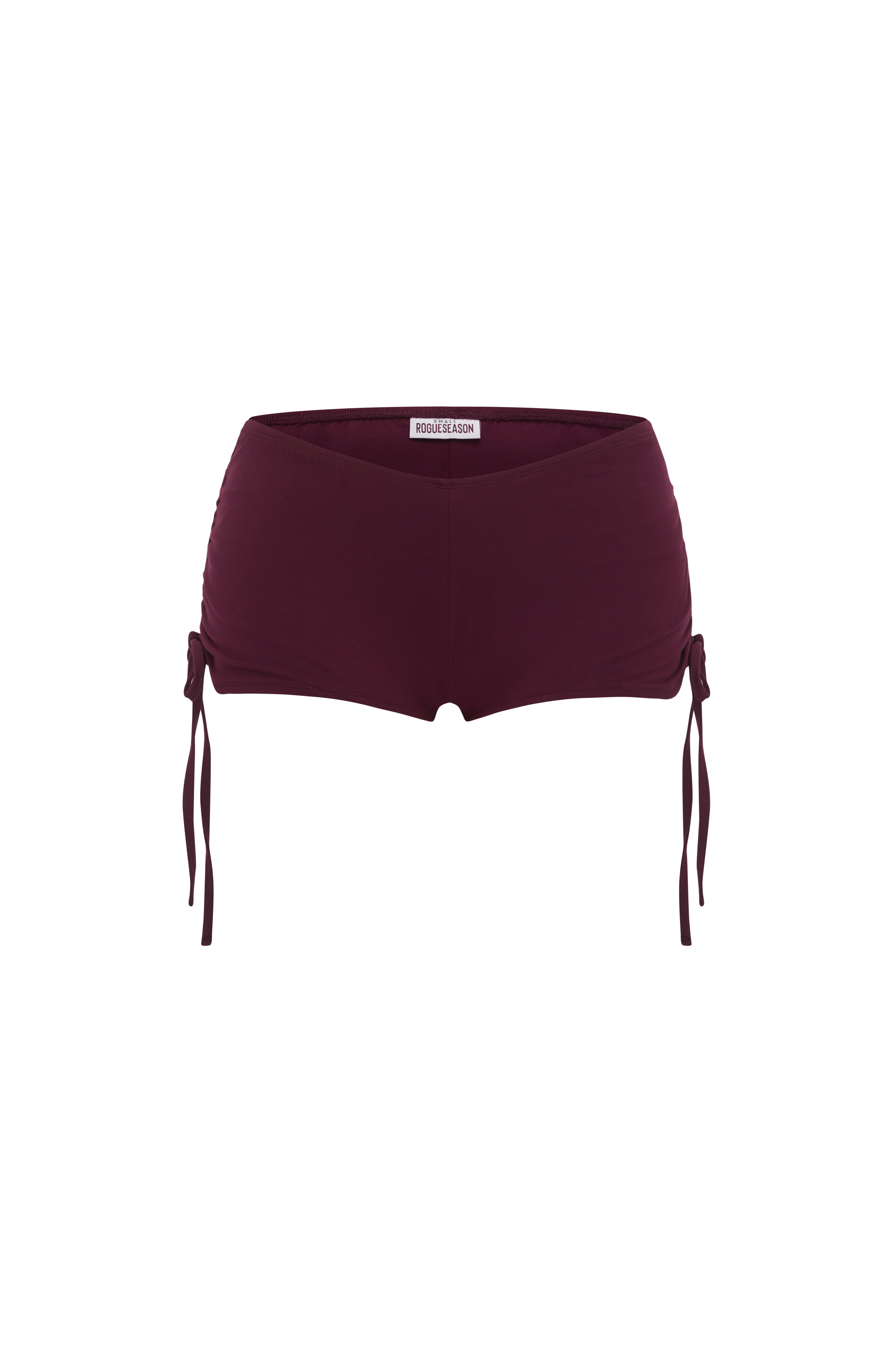 Micro burgundy shorts with side tie details, shown against a plain white background.