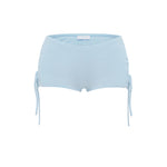 Light blue micro shorts with side tie details, shown flat against a solid white background.