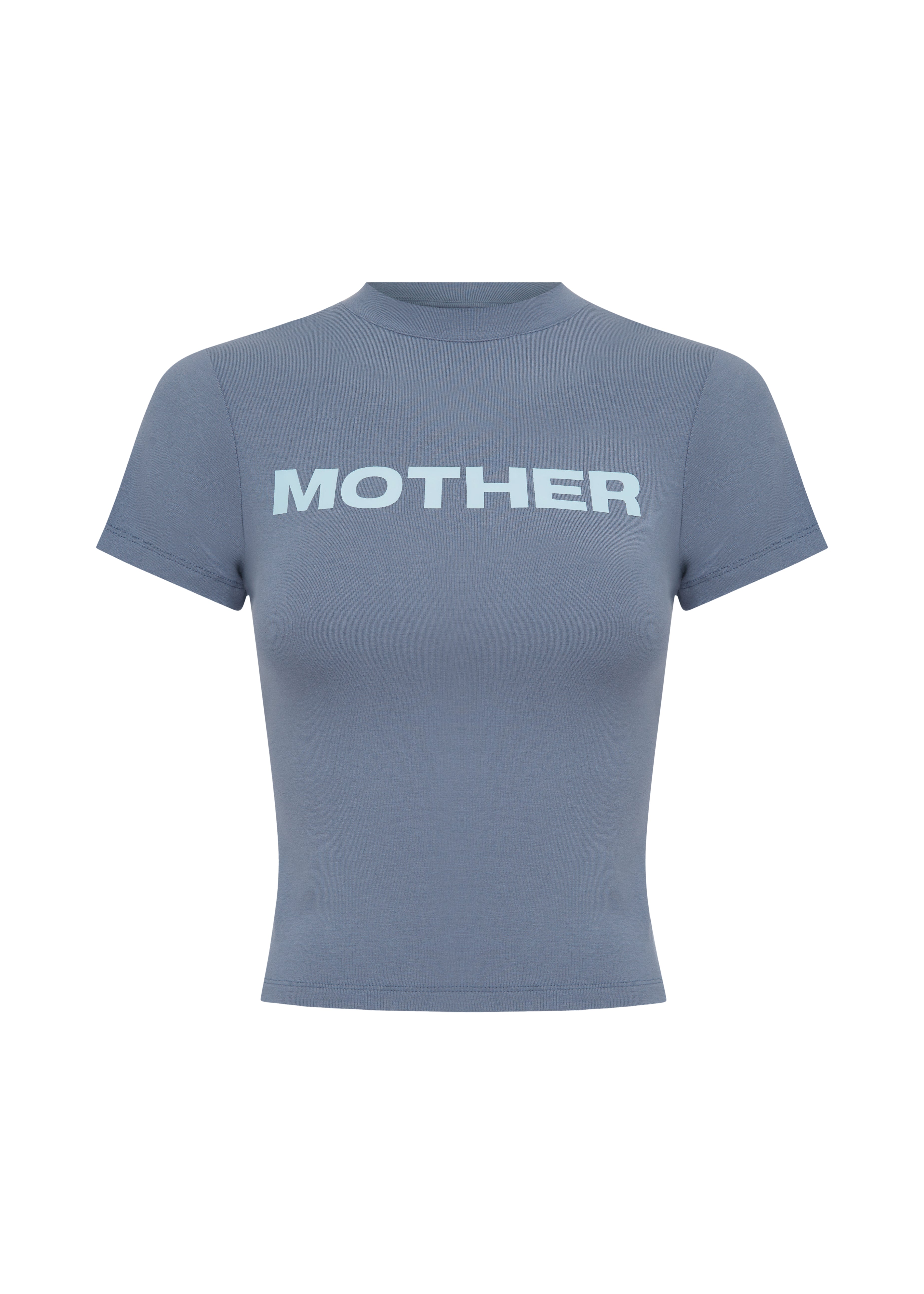 A short-sleeve t-shirt in a slate blue colour, featuring the word 'MOTHER' printed across the chest in a light baby blue font, displayed on a solid white background.