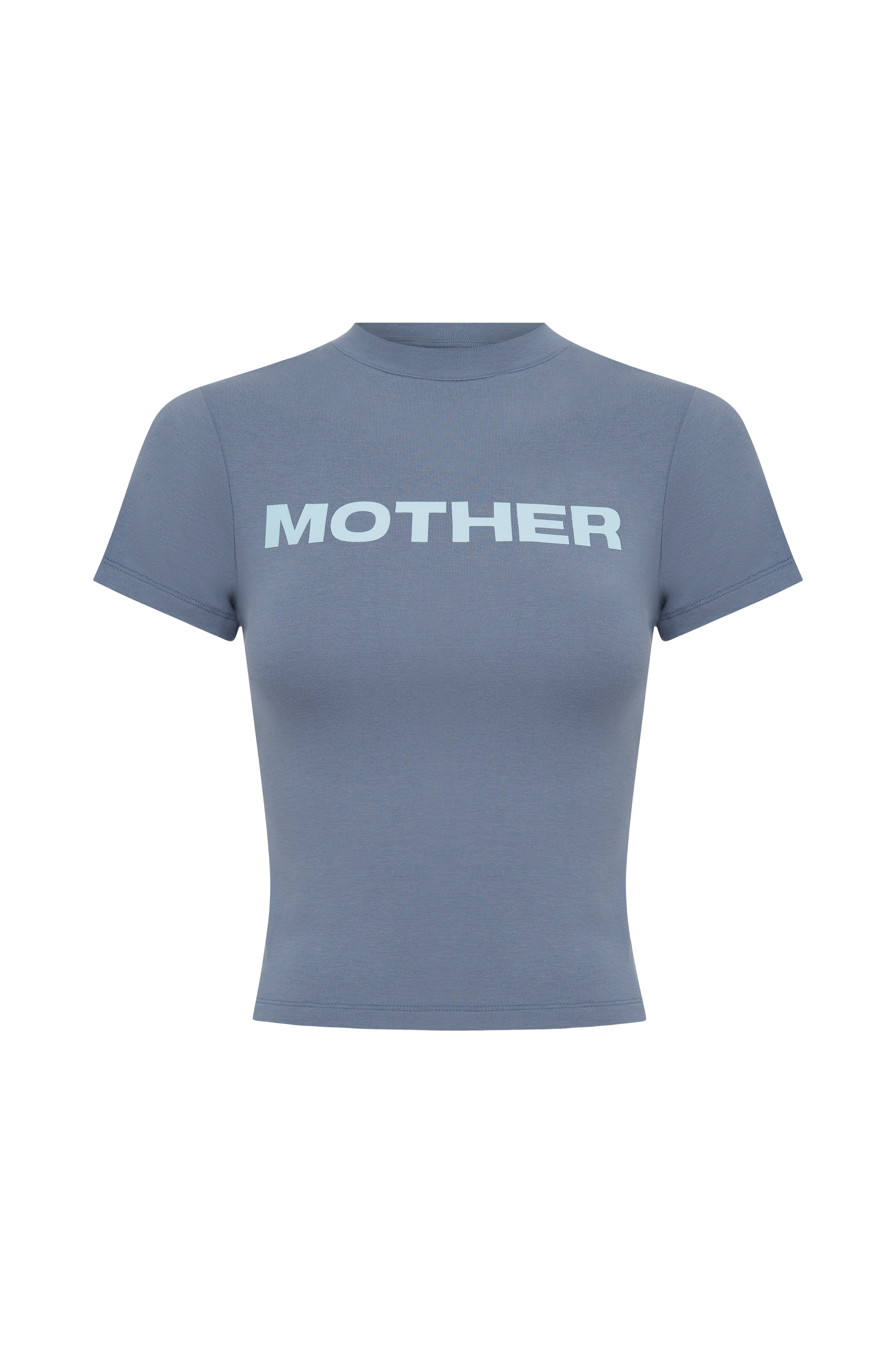 A short-sleeve t-shirt in a slate blue colour, featuring the word 'MOTHER' printed across the chest in a light baby blue font, displayed on a solid white background.