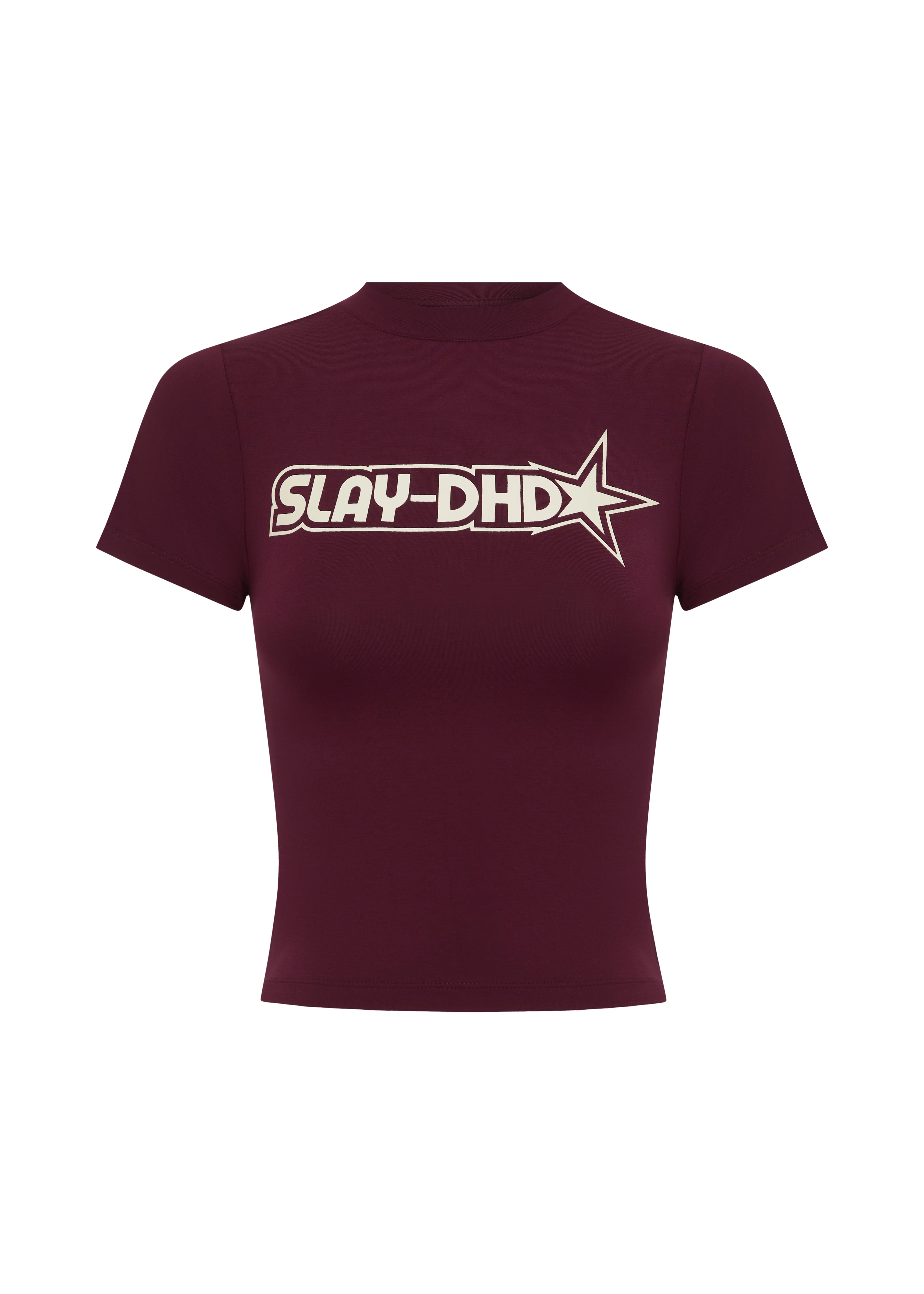 A short-sleeve top in burgundy with a cream 'SLAY-DHD' star graphic printed across the chest, displayed on a solid white background.