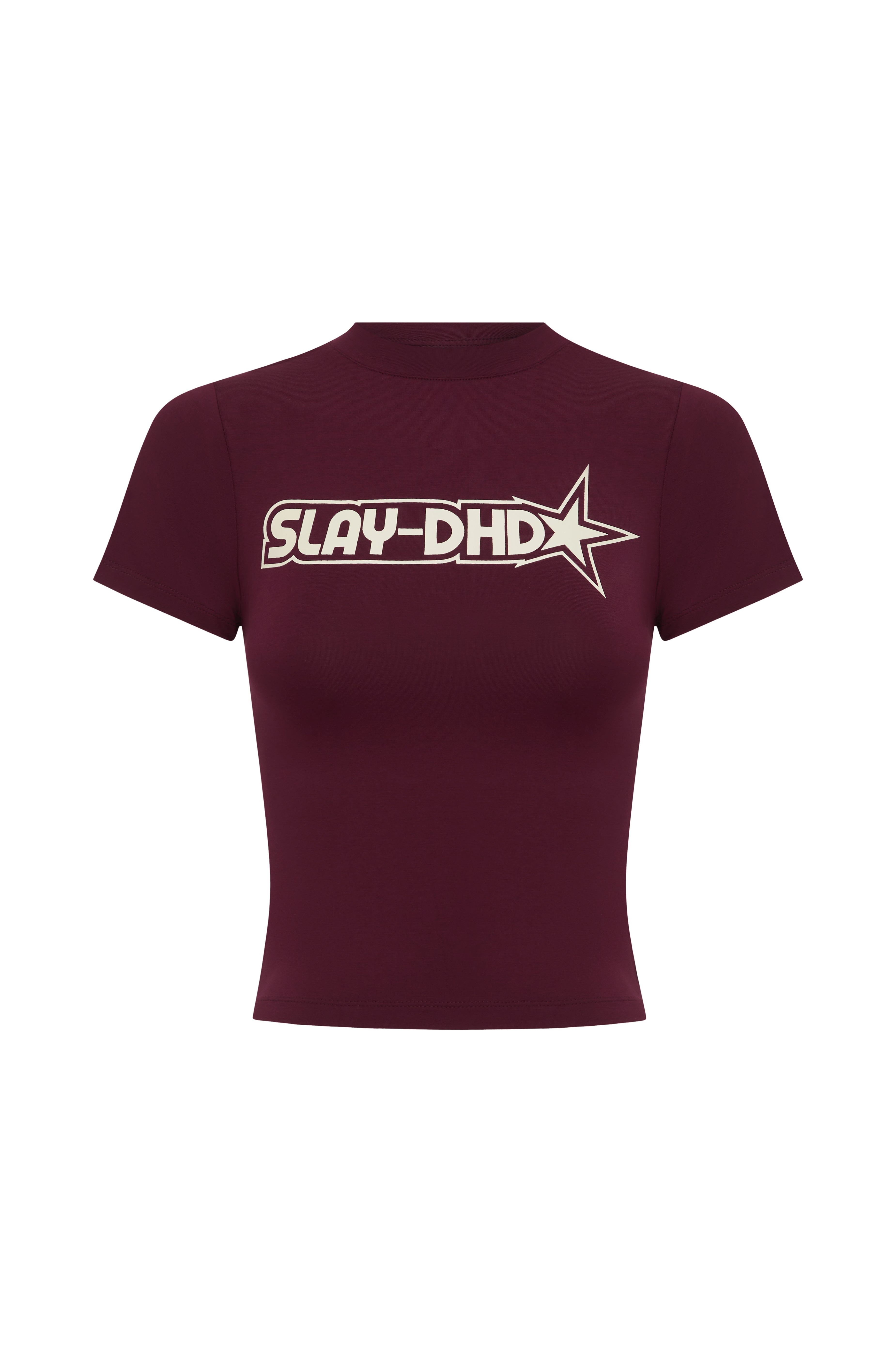 A short-sleeve top in burgundy with a cream 'SLAY-DHD' star graphic printed across the chest, displayed on a solid white background.