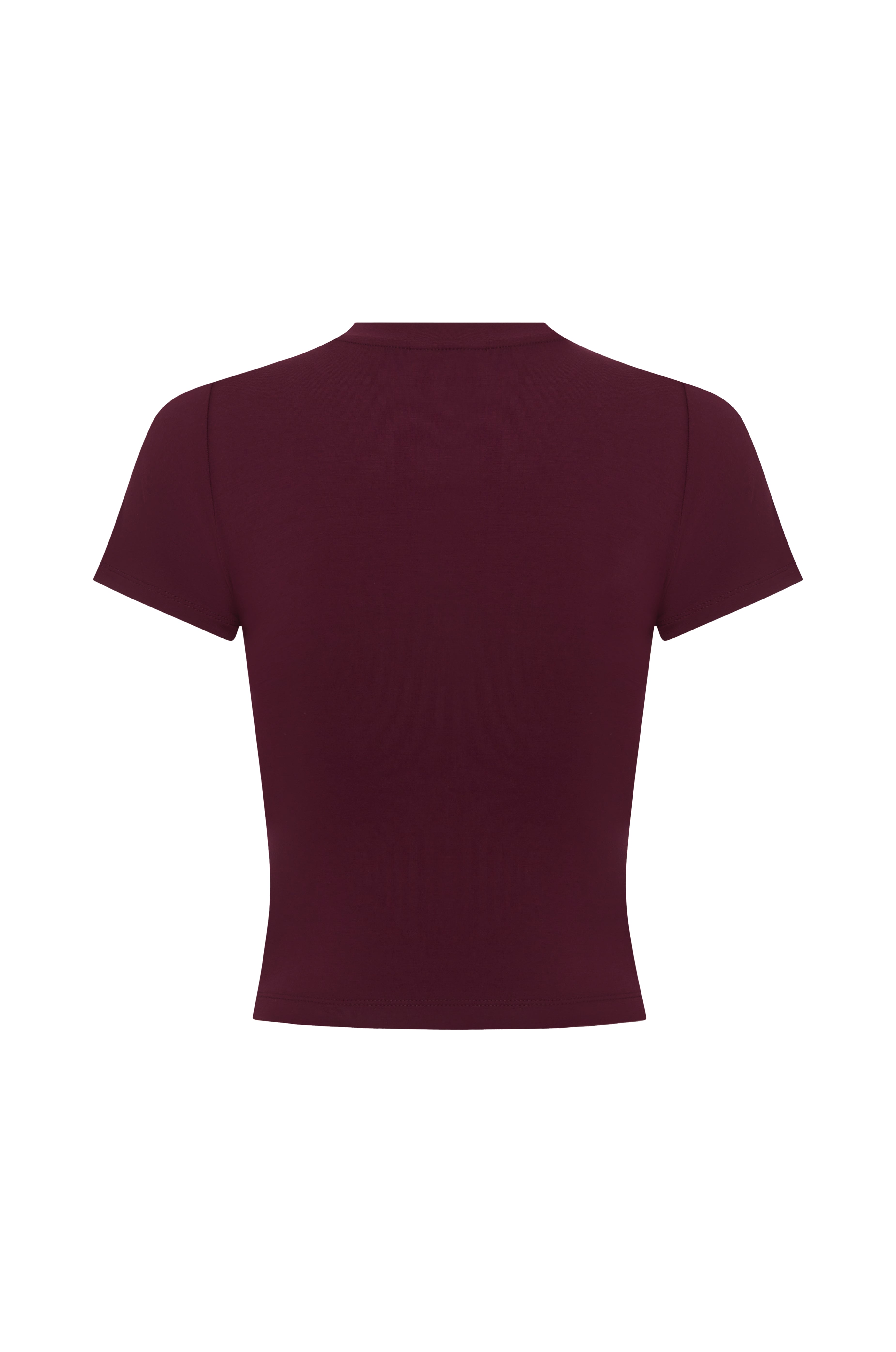A short-sleeve top in a burgundy colour, shown from the back against a plain white background.