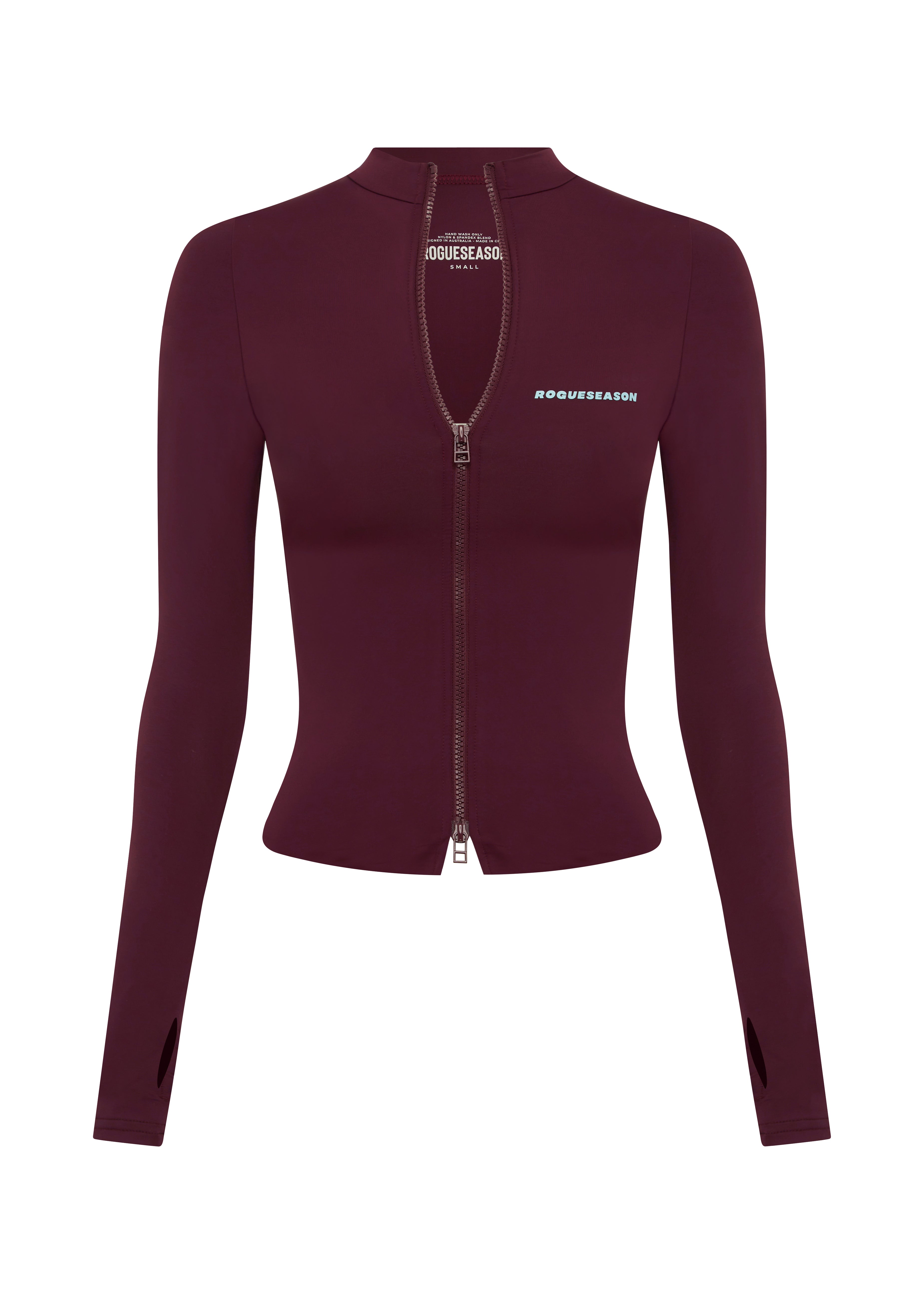 A long-sleeve, fitted zip-up jacket in deep burgundy, featuring a high mock neck, a front zipper, and blue text branding on the chest, displayed on a solid white background.