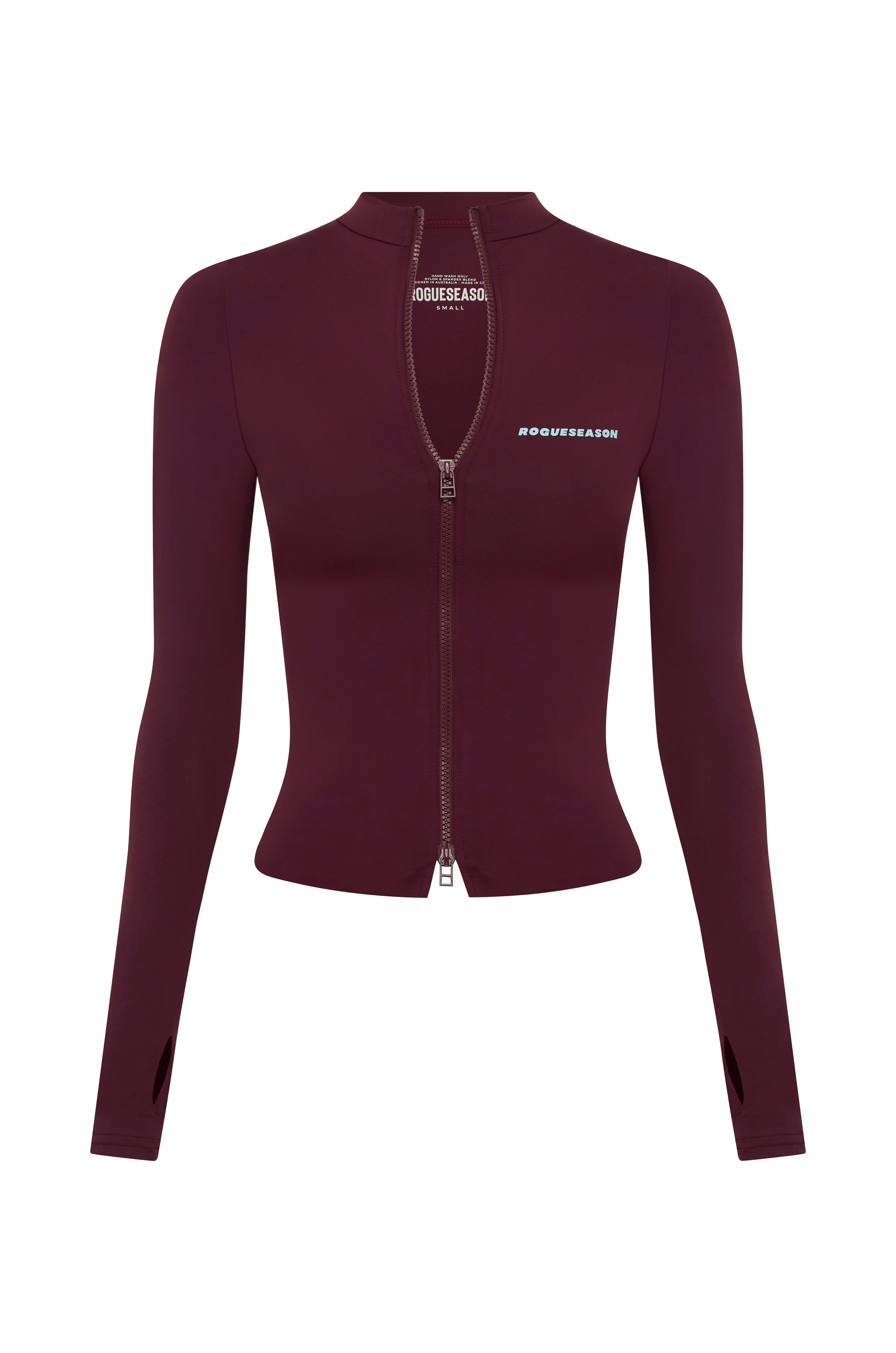 A long-sleeve, fitted zip-up jacket in deep burgundy, featuring a high mock neck, a front zipper, and blue text branding on the chest, displayed on a solid white background.