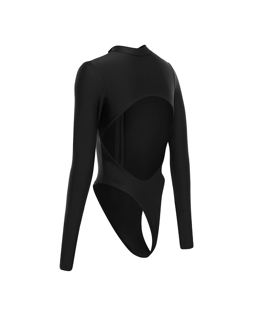 Cut out of black long sleeve zip up one piece swimsuit on a white background.