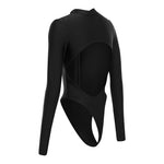 Cut out of black long sleeve zip up one piece swimsuit on a white background.
