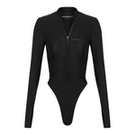 A black long sleeve swimsuit with a front zipper on a white background.