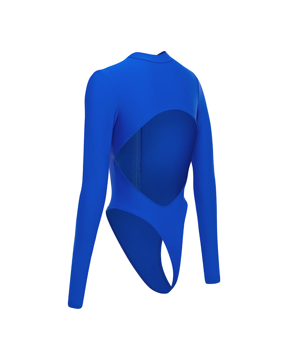 Cut out of blue long sleeve zip up one piece swimsuit on a white background.