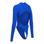Cut out of blue long sleeve zip up one piece swimsuit on a white background.