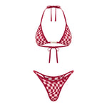 Red checkered bikini top and bottom on a white background.