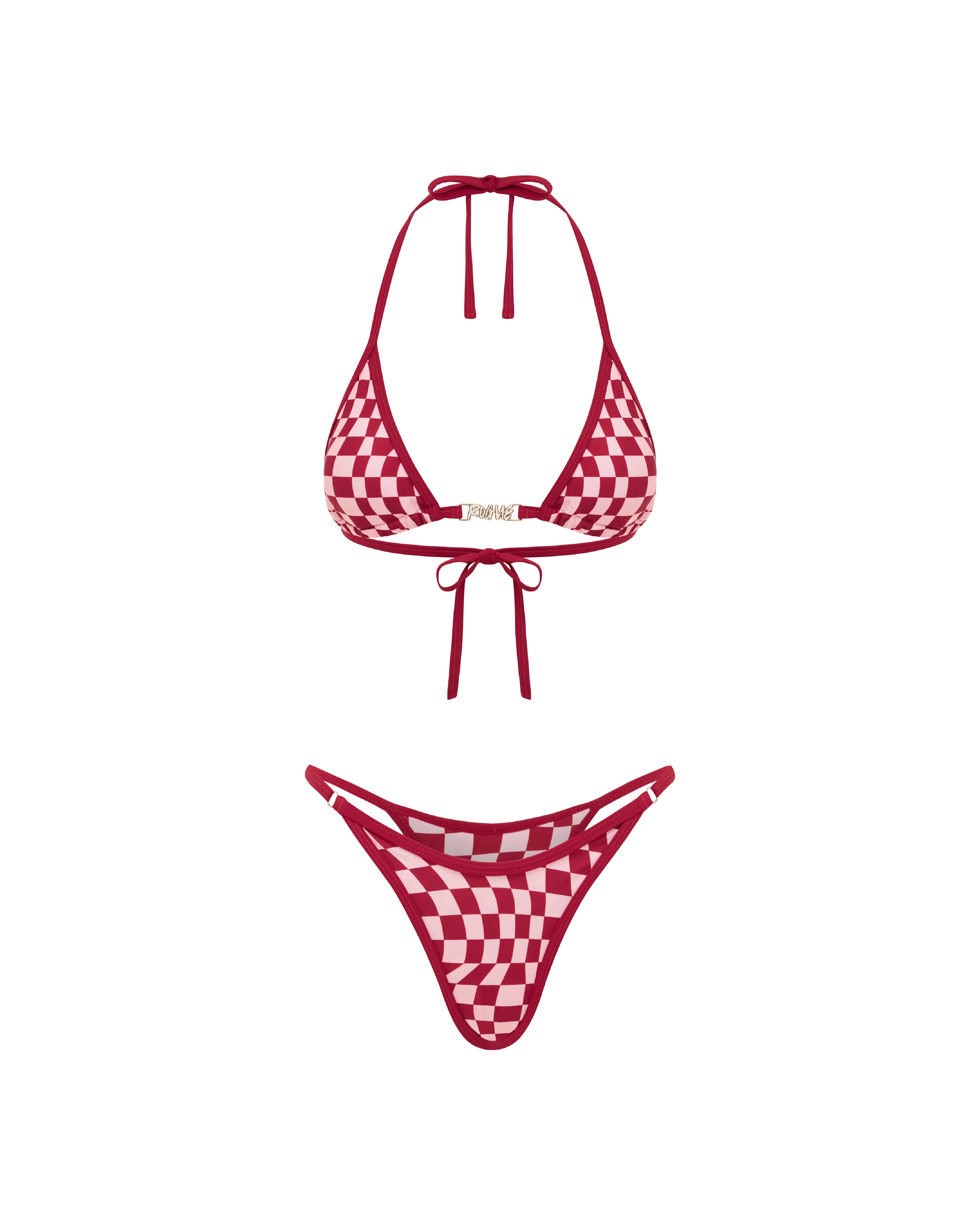 Red checkered bikini top and bottom on a white background.