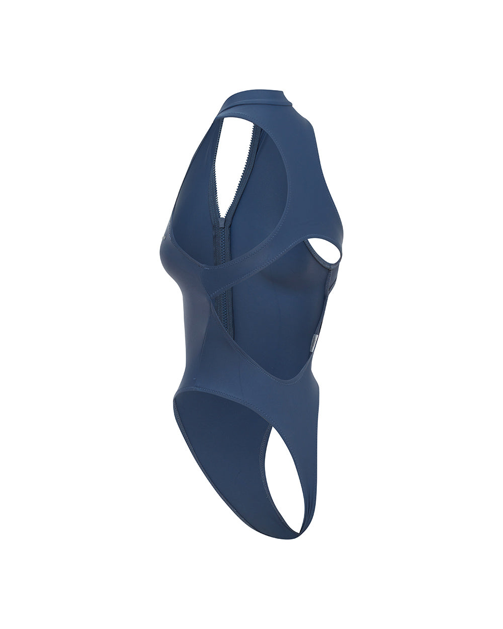 Back shot of cut out one piece swimsuit on a white background.