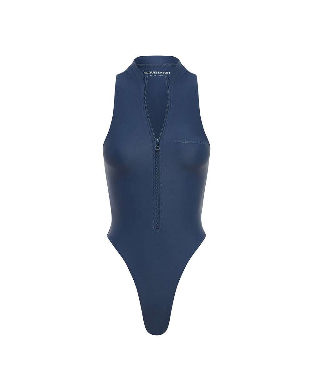 A navy blue swimsuit featuring a deep v-neckline, backless design, and a cinched waist bodysuit silhouette on a white background.