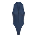 A navy blue swimsuit featuring a deep v-neckline, backless design, and a cinched waist bodysuit silhouette on a white background.